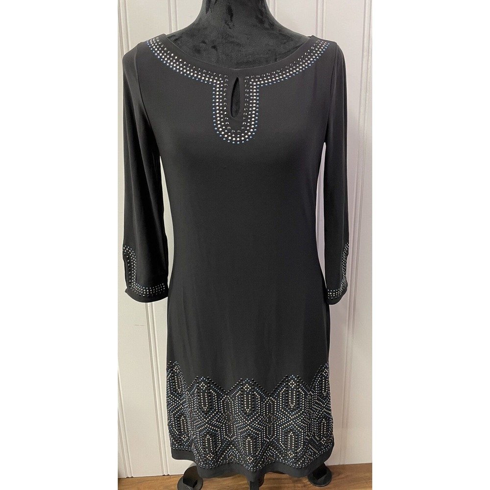 White House Black Market Black Blue Silver Rhinestones Keyhole Neck Size XS - Picture 1 of 14